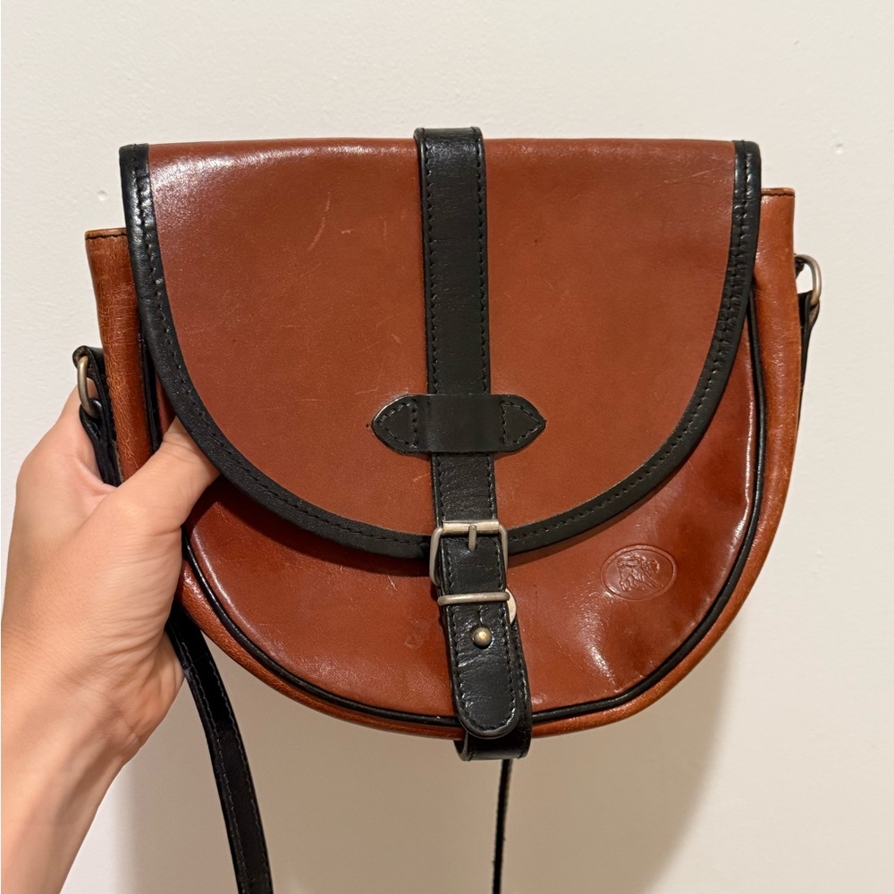 VINTAGE Italian Brown Leather Saddle Bag with Black Trim